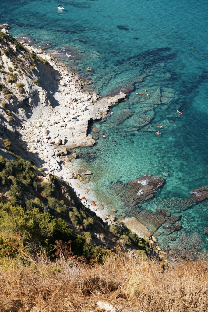 a rocky beach with a body of water in the background